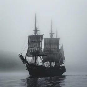 Foggy Ocean with Sailing Ship