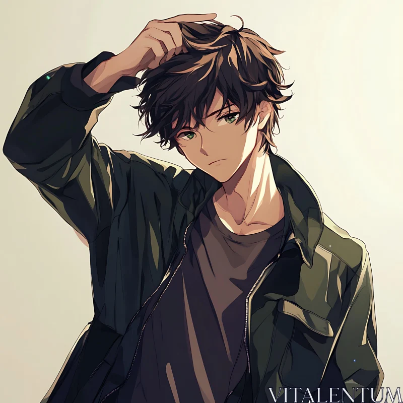 Anime Boy Adjusting Hair in Casual Attire AI Image