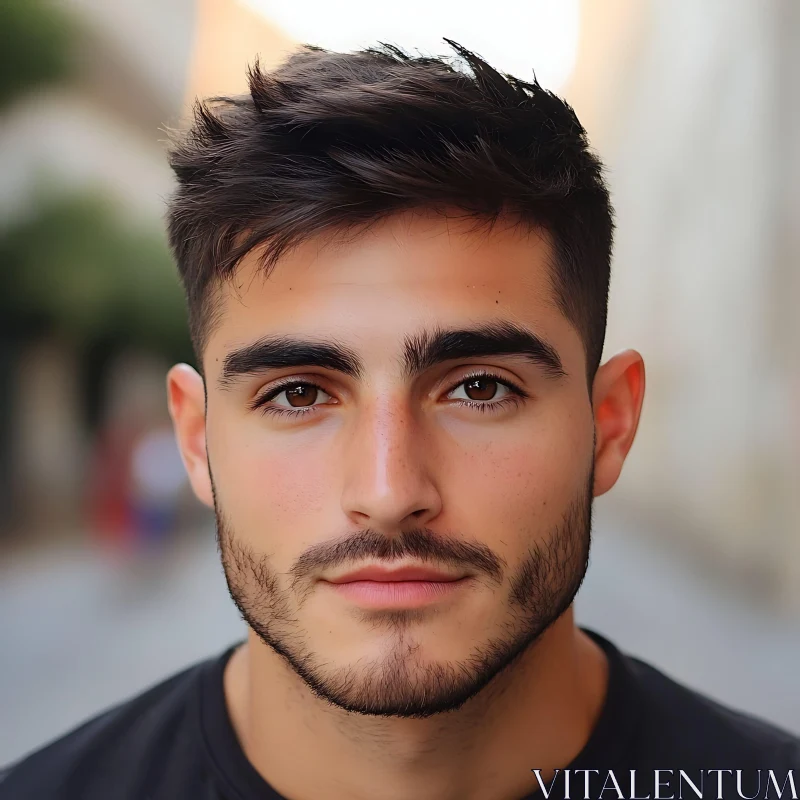 Young Man Portrait on Blurred Street Background AI Image