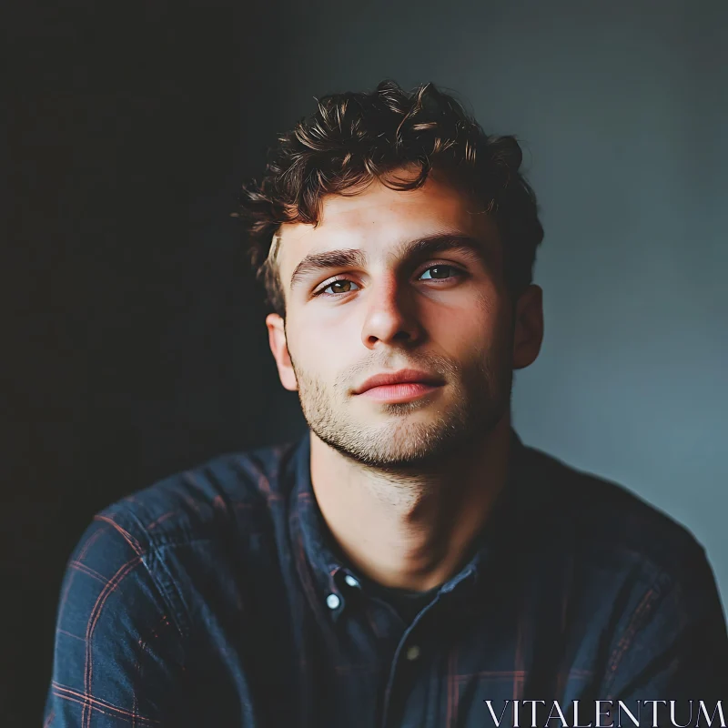 Portrait of a Thoughtful Young Man with Curly Hair AI Image