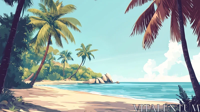 Tropical Beach Paradise with Palm Trees and Ocean View AI Image