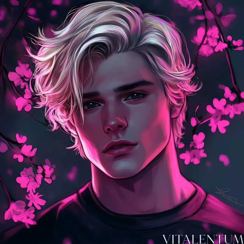 AI ART Blonde Youth with Cherry Blossoms