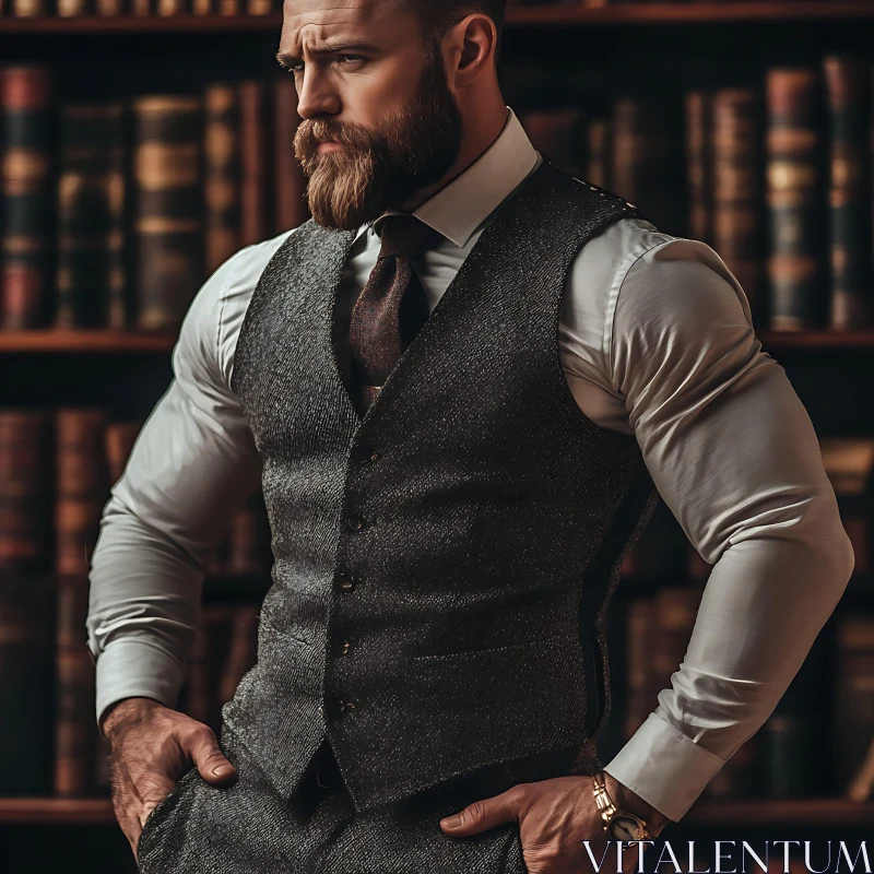 Elegant Bearded Man in Gray Vest AI Image