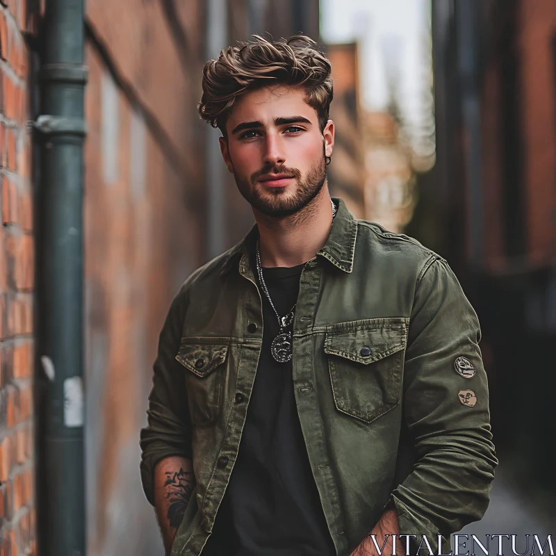 Confident Man with Beard in Olive-Green Jacket AI Image