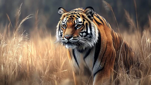 Graceful Tiger Prowling in Grassland