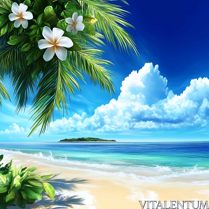 Tranquil Coastal Scene with Flowers and Ocean AI Image