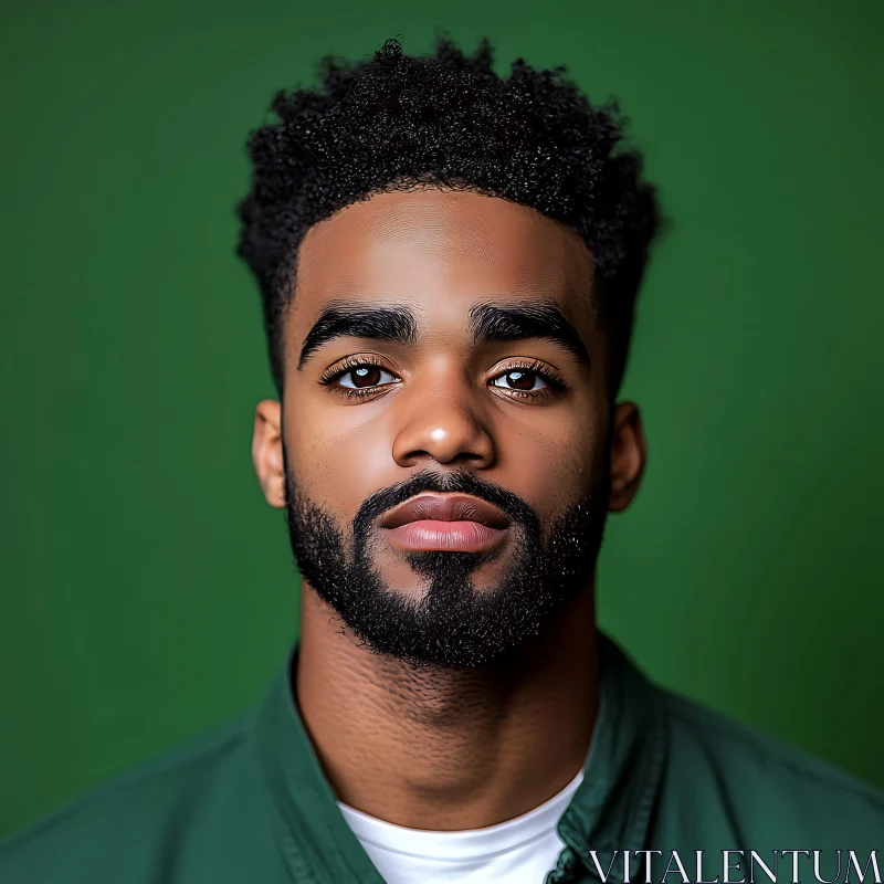 Man's Close-Up Portrait with Green Backdrop AI Image