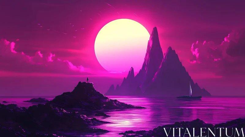 Vibrant Pink Sky with Sun and Mountains AI Image