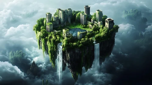 Mystical Floating Island with Overgrown Ruins and Cascading Waterfalls