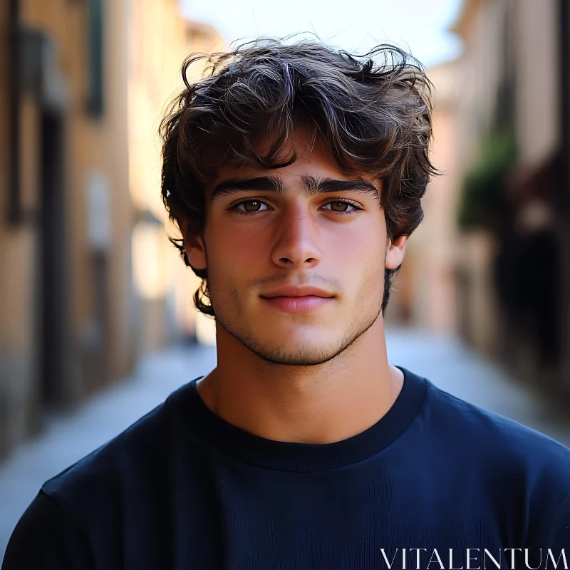 Young Man in Navy Blue Shirt on a Street AI Image