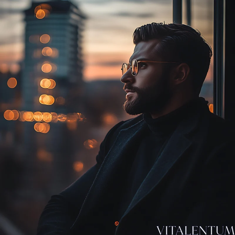 Thoughtful Bearded Man With Glasses at Sunset AI Image