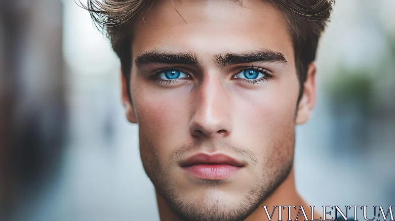 Close-Up of Handsome Young Man with Blue Eyes AI Image