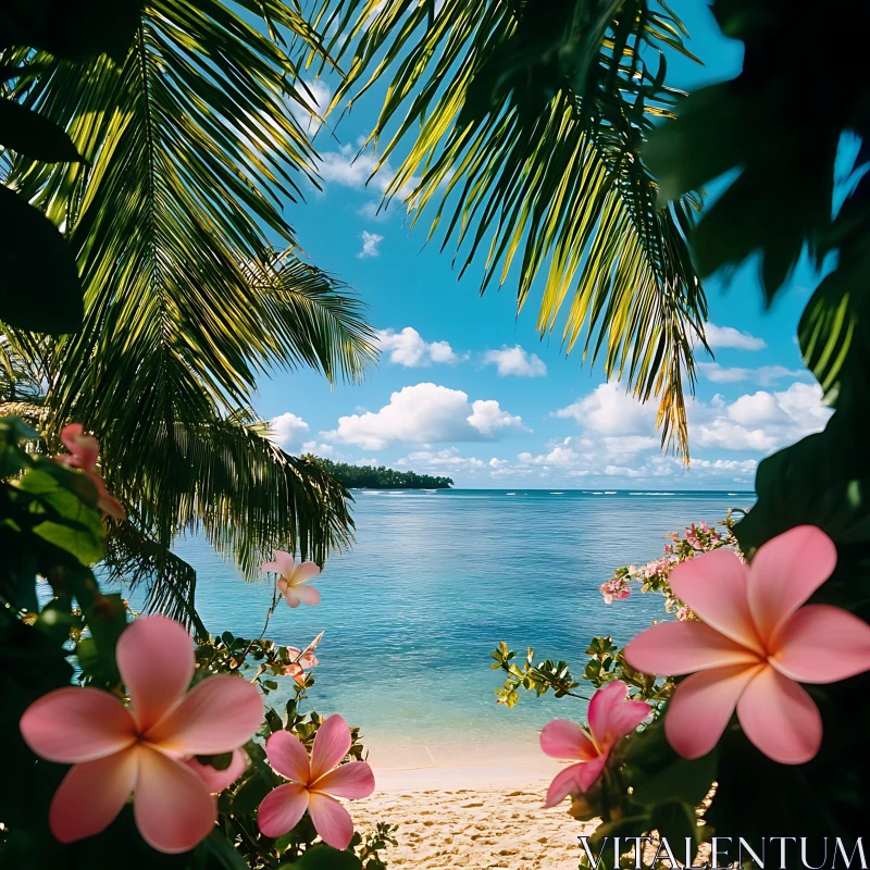 Paradise Beach with Plumeria Blossoms AI Image