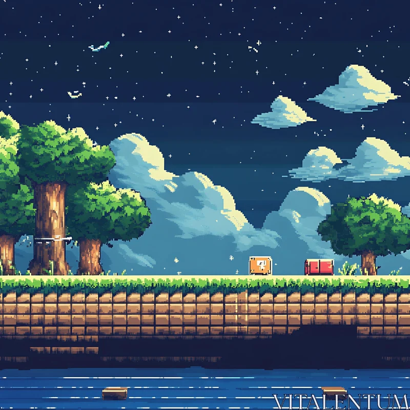 Retro Pixel Art Landscape at Night AI Image