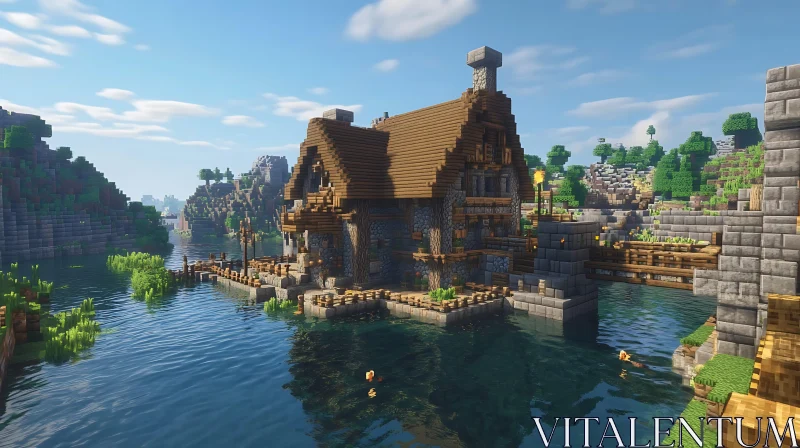 Minecraft Riverside House with Wooden Bridge AI Image