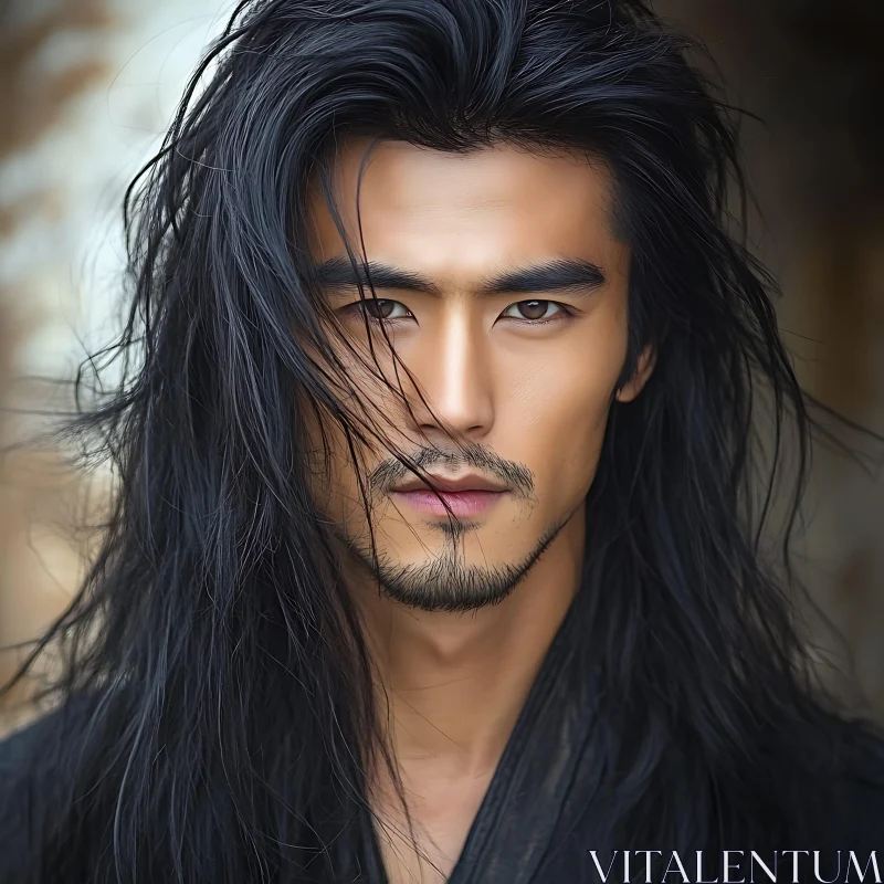 Man with Long Hair and Intense Expression AI Image