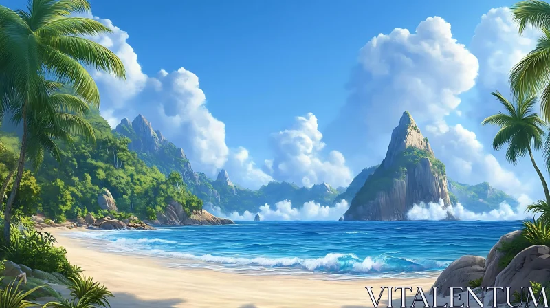 Idyllic Beach with Palm Trees and Majestic Mountains AI Image