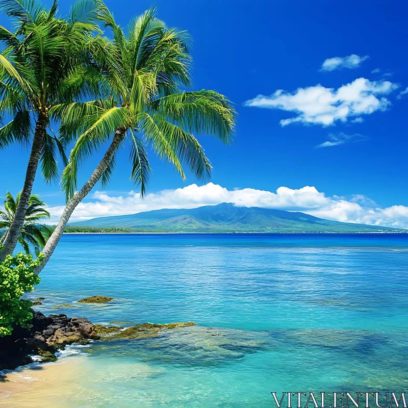 Tranquil Island View with Lush Palm Trees AI Image