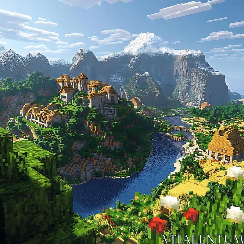 Peaceful Minecraft Village with Scenic River AI Image