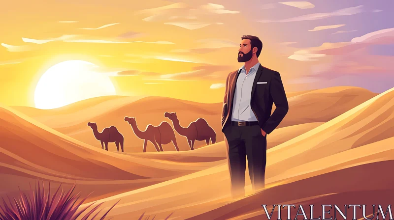 Desert Sunset with Man and Camels AI Image