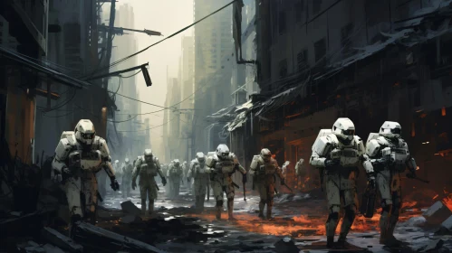 Armored Figures in Ruined Cityscape