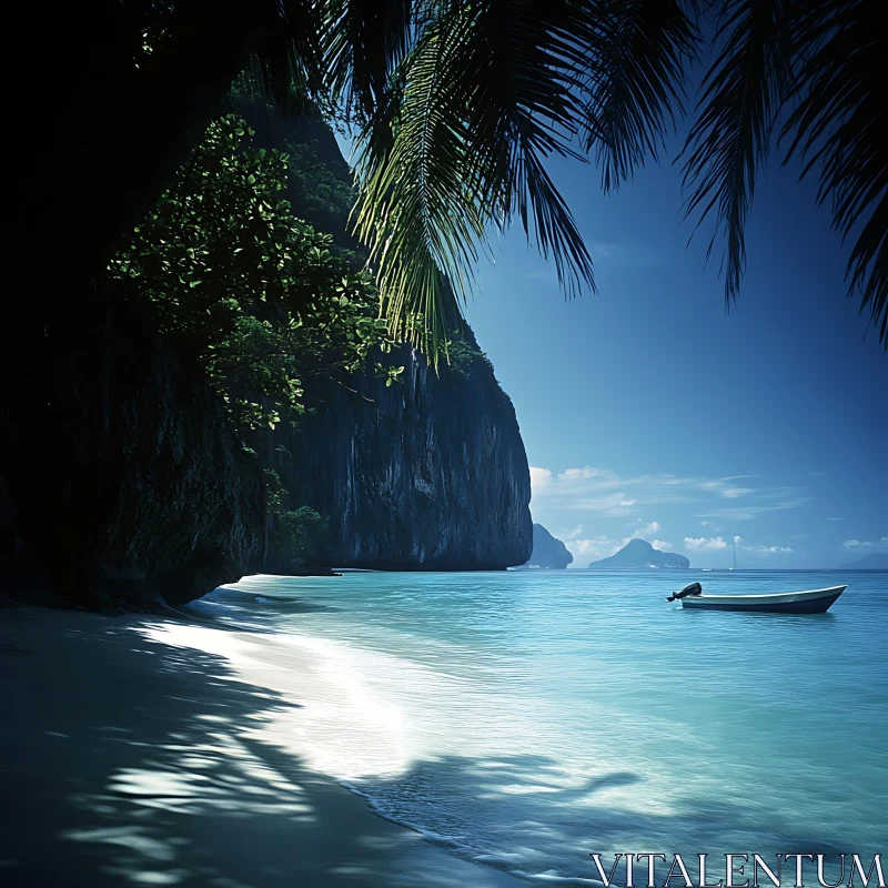 Peaceful Island Shoreline with Boat and Cliffs AI Image