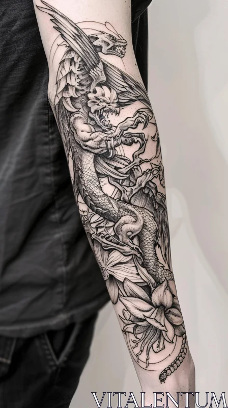 AI ART Intricate Dragon and Blooming Flowers Tattoo