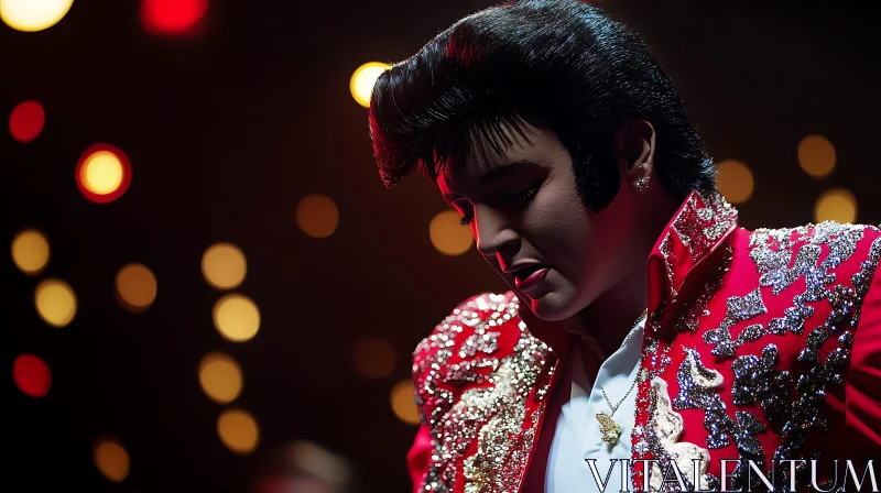 Performer in Glittering Red Jacket Surrounded by Bokeh Lights AI Image