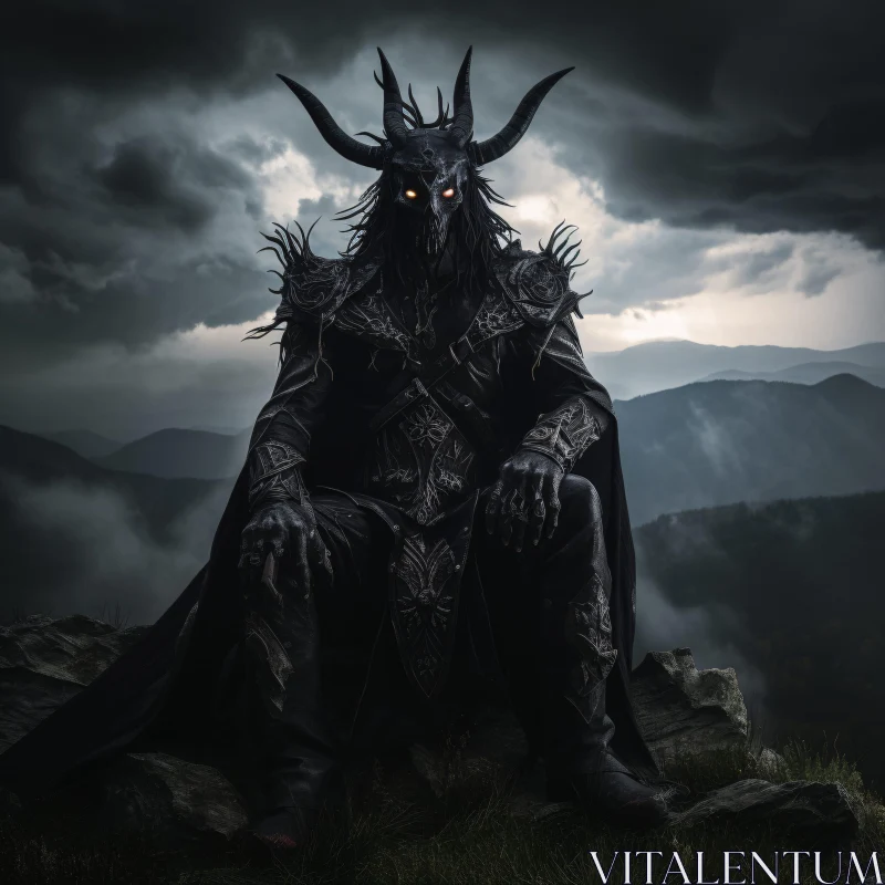 Dark Armored Figure Overlooking Stormy Mountain AI Image