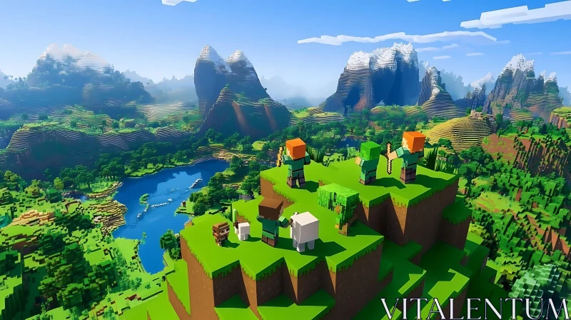 Minecraft Characters on Hilltop with Scenic View AI Image