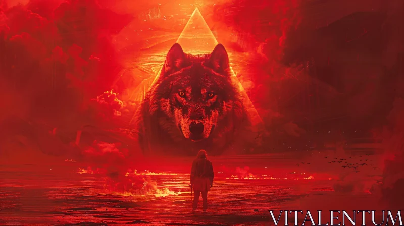 AI ART Enigmatic Wolf in Fiery Red Scene