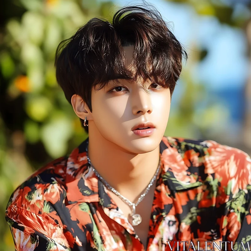 Young Man in Floral Shirt Outdoors AI Image