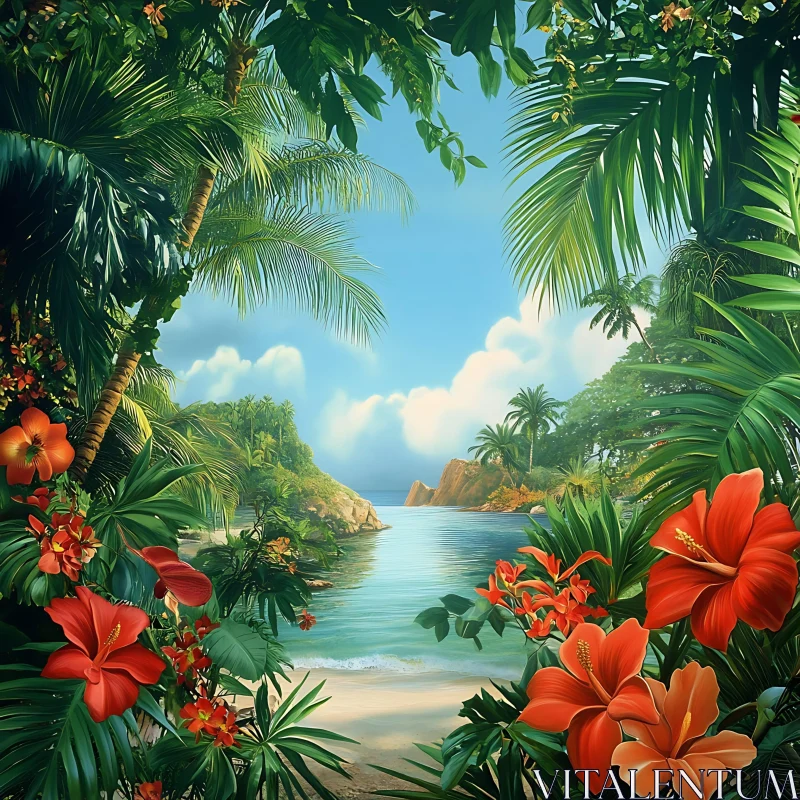 Serene Tropical Beach Framed by Exotic Flora AI Image