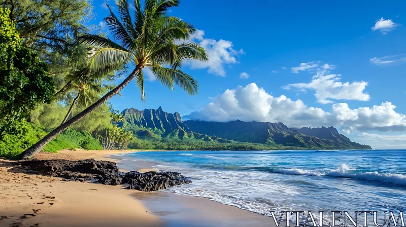 Tranquil Coastal Landscape with Palm Tree AI Image