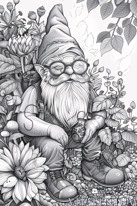 Charming Gnome Illustration in Monochrome AI Image