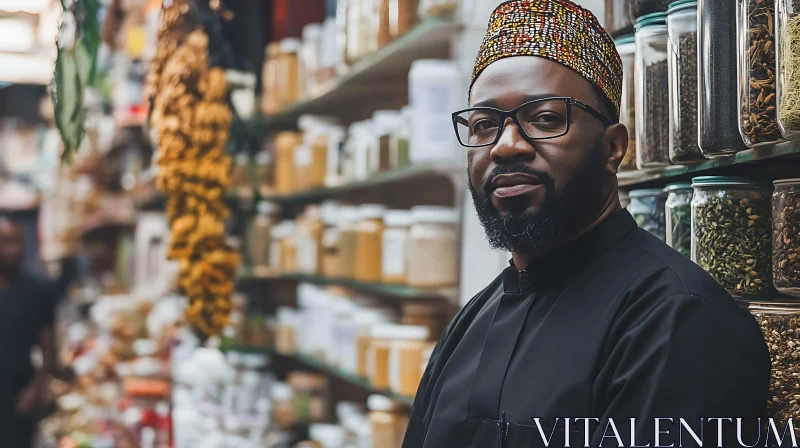 Man in Traditional Attire at Market AI Image