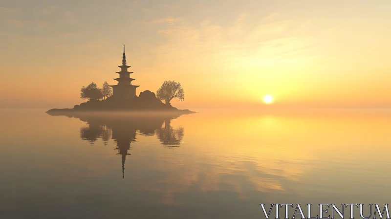 Tranquil Golden Sunset with Island Pagoda AI Image