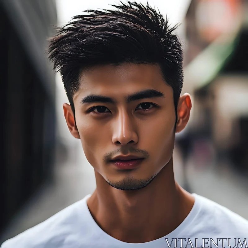 Young Man's Portrait with Short Styled Hair AI Image