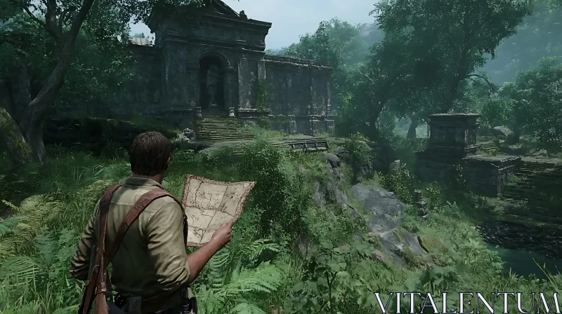 Explorer Navigates Ancient Ruins in Overgrown Forest AI Image