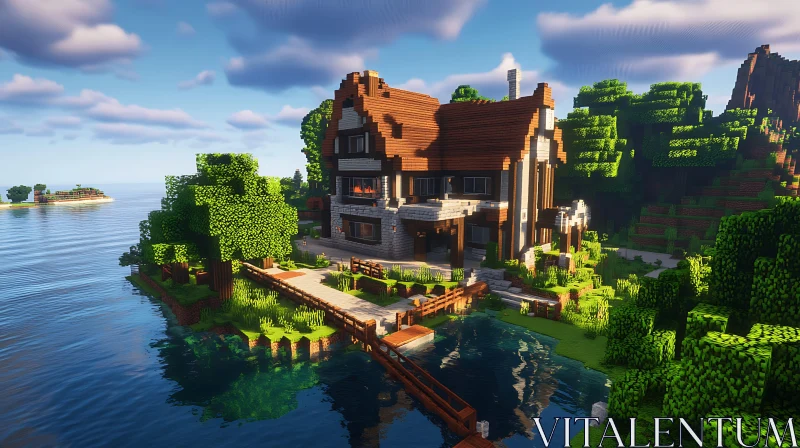 Scenic House Near Water and Forest AI Image