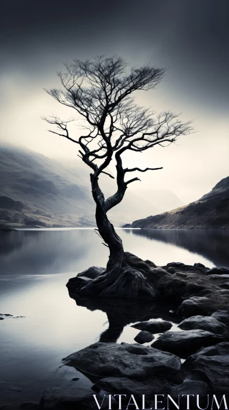 AI ART Silhouette of Solitary Tree by Calm Lake