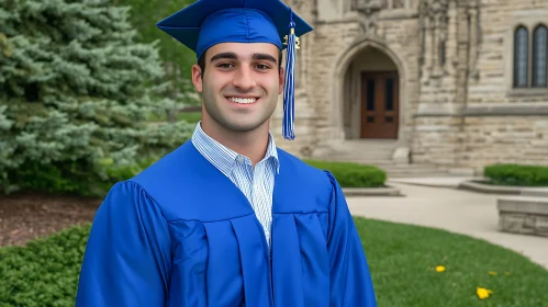 Smiling Graduate in Blue Academic Regalia