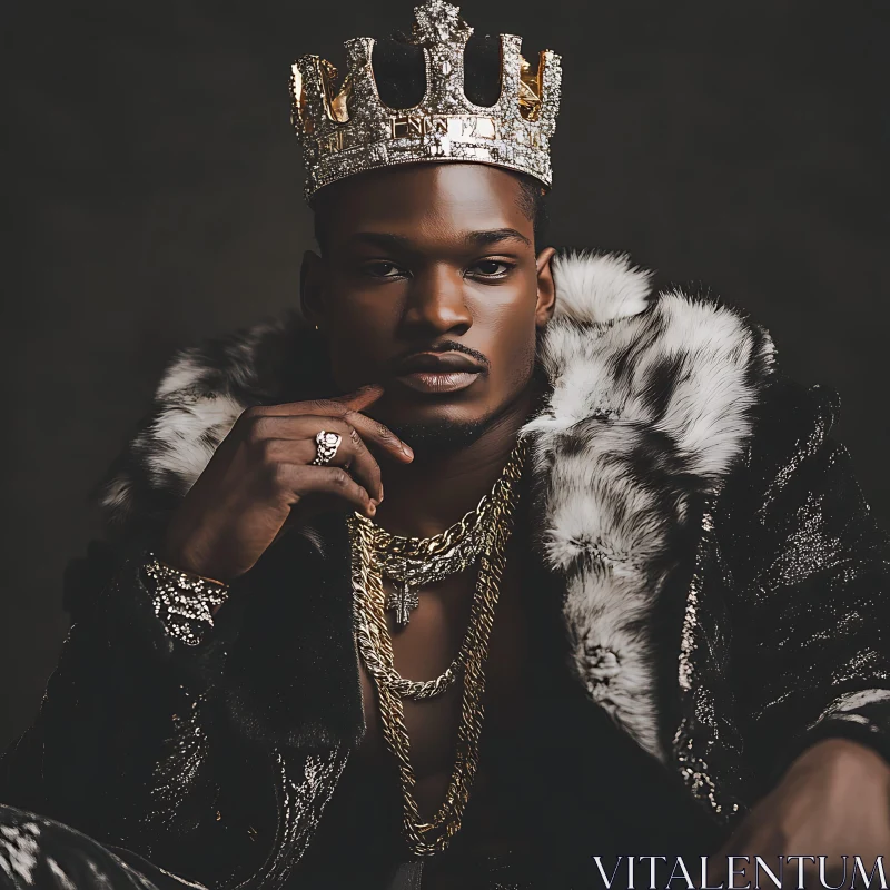 Luxurious Man with Gold Crown and Fur Coat AI Image