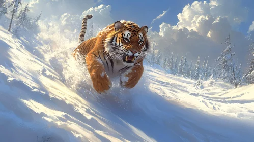 Tiger Running in Snowy Forest