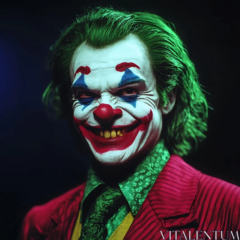 Sinister Clown with Green Hair and Red Suit AI Image