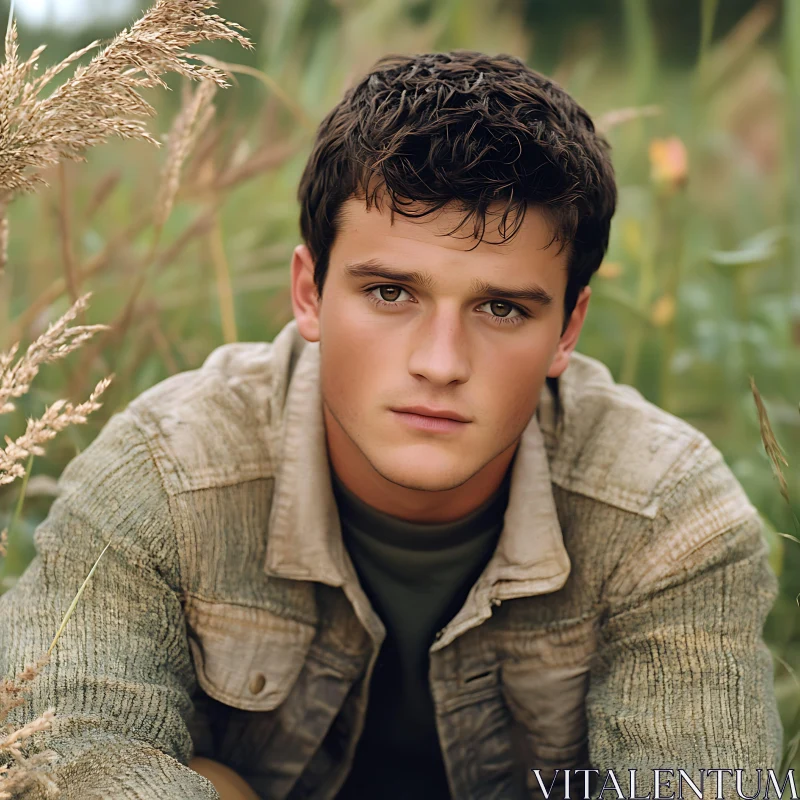 Young Man Sitting in Tall Grass AI Image