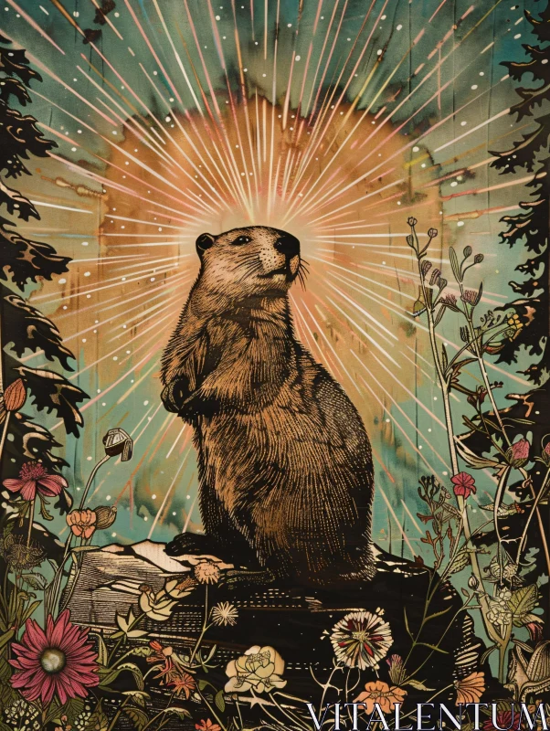 AI ART Radiant Groundhog with Wildflowers and Sunrays