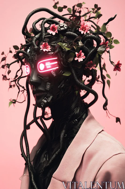 Futuristic Cyborg with Blossoms AI Image