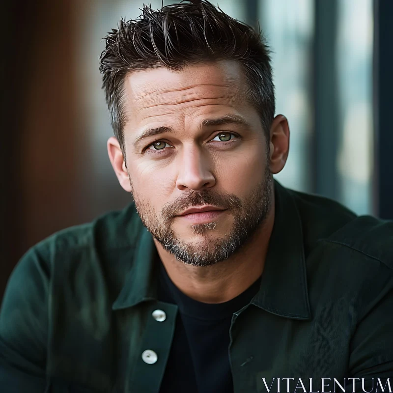 Man's Close-Up Portrait with Green Eyes and Beard AI Image