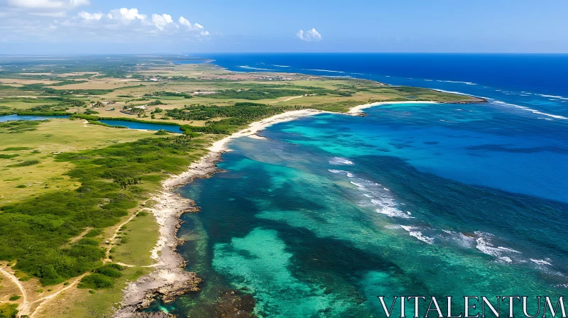 Aerial Island with Clear Waters and Green Fields AI Image